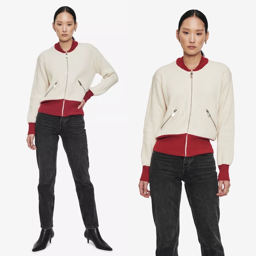 New Anine Bing Cardigan Womens XS Red White Full Zip Jasper Sweater